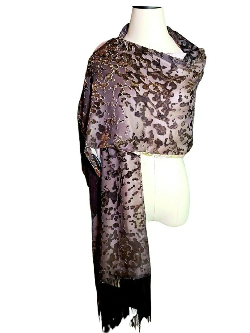 Nanette Lapore Brown Grey Burnout Velvet Abstract Animal Long Fringe Scarf Wrap